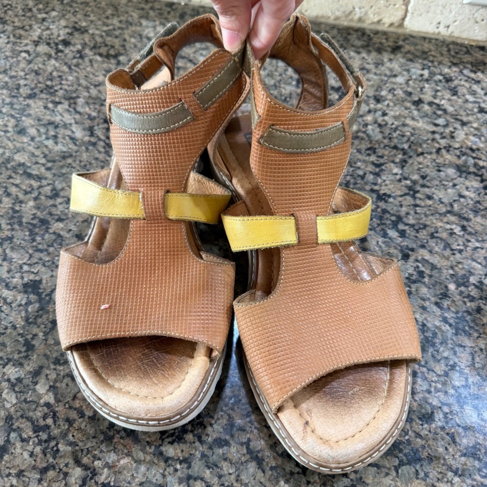 Pikolinos Womens 39 Brown Tan‎ Yellow Leather Textured Ankle Strap Sandals Spain